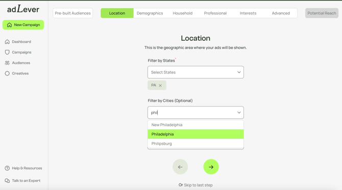 select audience states and cities